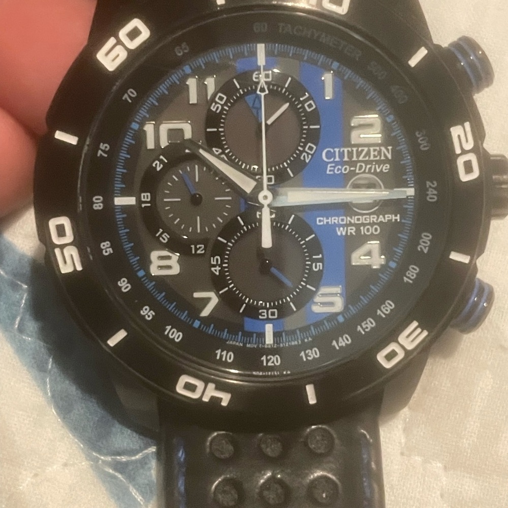 Citizen Eco-Drive Black and Blue Chronograph Watch. Needs Battery.